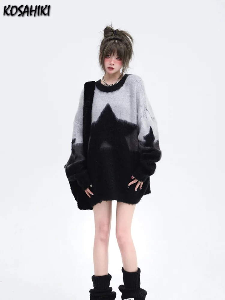 

Винтажный мягкий Свитер оверсайз с вышивкой JapaneseStar Y2K, Модные свободные пуловеры в эстетике Харадзюку, повседневный джемпер