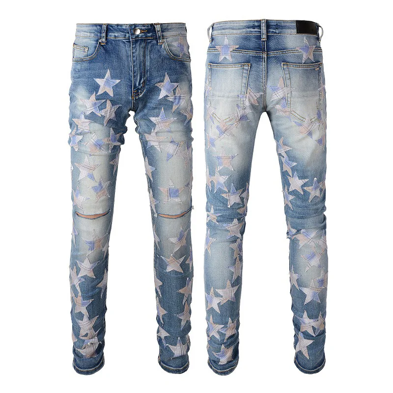 

Jeans Y2k for Ripped Men Blue Distressed Skinny Stretch Leather Pentagram Appliques Baggy Denim Pants Streetwear Dropshipping
