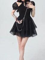 houzhou black gothic dress women sexy hollow out harajuku mini dresses chiffon summer chinese fashion high street puff sleeve