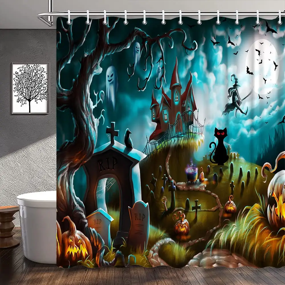 

Dark Gothic Themed Scene Magic Tree and Secret Cave Moon Printed Cloth Forest Shower Curtain,Fabric Bathroom Decor Set with Hook