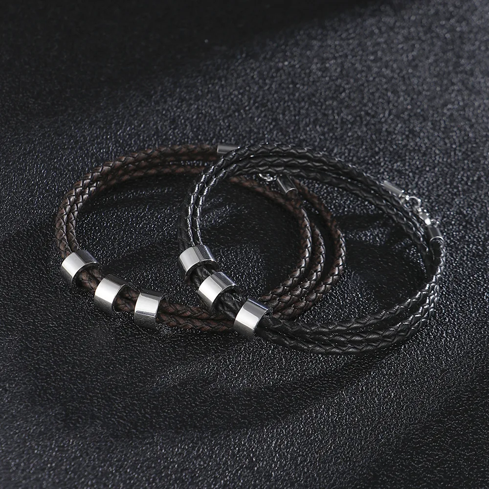 

2022 Woven Multi-layer Stainless Steel Leather Bracelet for Men Titanium Steel Beads DIY Letterable Bracelet Jewelry Wholesale