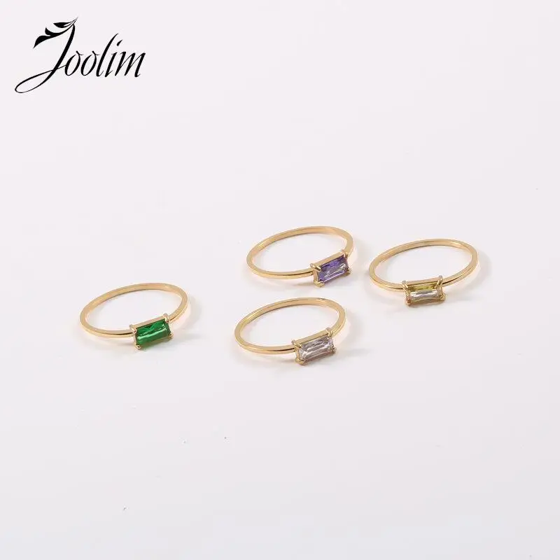 

Joolim Jewelry Wholesale High End PVD No Fade Multicolored Thin Rectangle Zirconia Stainless Steel Rings Trendy For Women