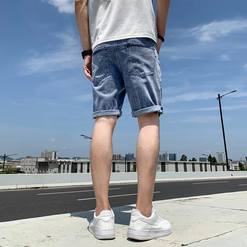 Summer New Beach Casual Men's Denim Shorts Straight Knee-Length Jeans Fashion Trend Loose Ripped Men's Street Short Jeans