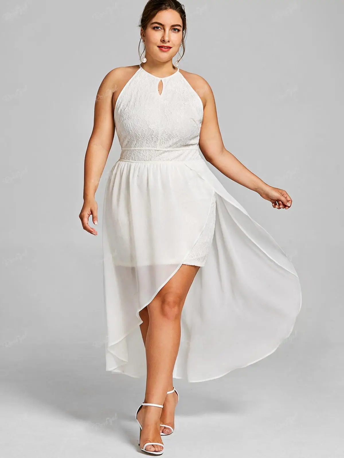 

ROSEGAL Plus Size Keyhole Neck Asymmetric Open Shoulder Lace Dress White Ladies Casual Sleeveless Slit Maxi Dresses Vestidos 5XL