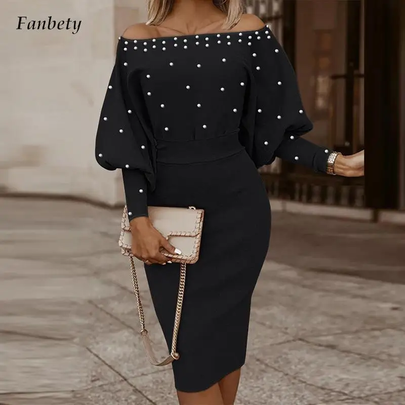 

Sexy One Shoulder Beaded Midi Dress Women Elegant Lantern Long Sleeve Party Dress 2022 Fashion Waisted Slim Solid Office Dresses