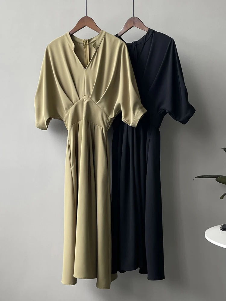 

QOERLIN Stylish V Neck Half Sleeve High Waist Black Dress Women Elegant Back Zipper Slim Pocket Midi Dress Female Party Vestidos
