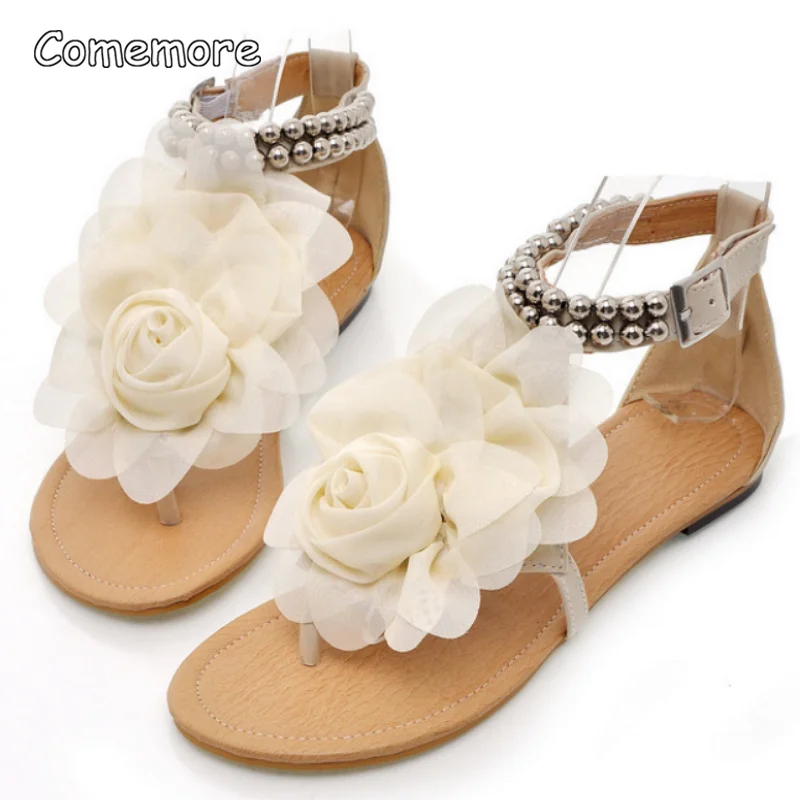 

Comemore Bohemian Women's Sandals Ladies Flower Holiday Women Shoes 2023 Summer Large Size 41 42 Thong Flat Sandal Female Beige