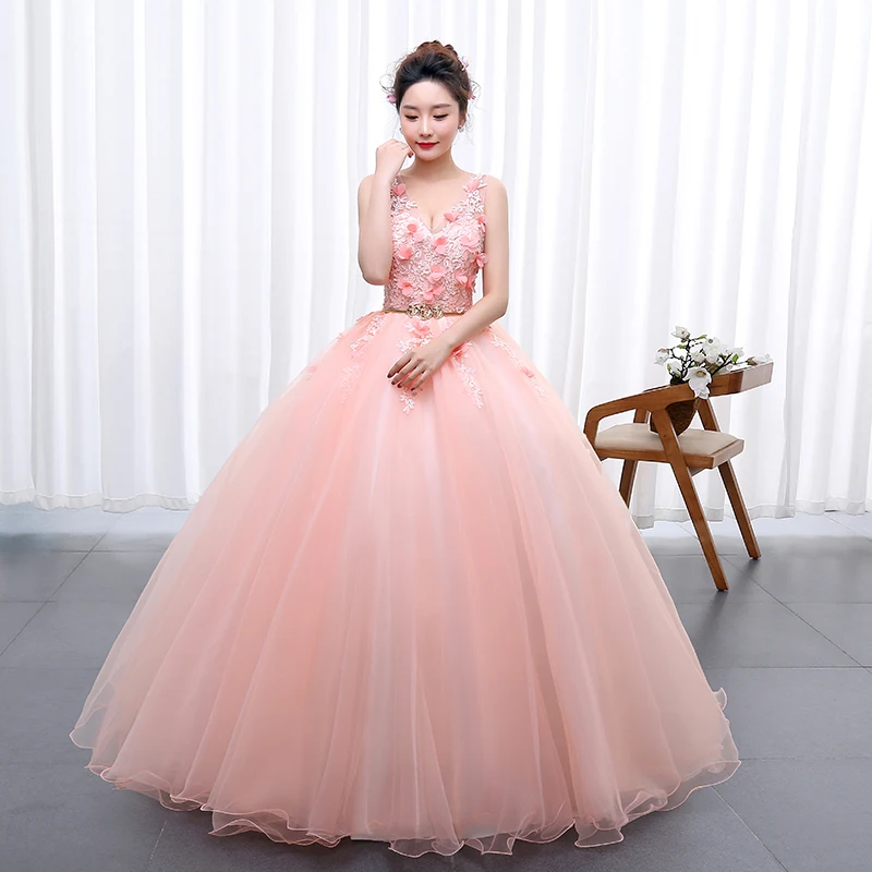 

Sweet Pink Tulle Prom Dresses Sexy V-neck Sleeveless Floor-length Quinceanera Dress Classic Lace Floral Ball Gowns 3 Colors