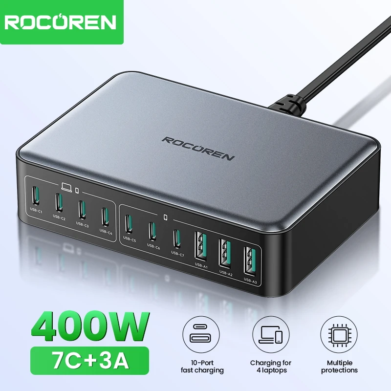 Rocoren 400 Вт 10 в 1 Многопортовое настольное зарядное устройство GaN ...