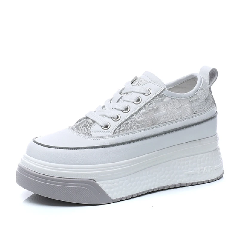 

7cm Air Mesh Genuine Leather Women Summer Shoes Platform Sneakers Wedge Hidden Heel for Women Fashion Sneakers White Shoes