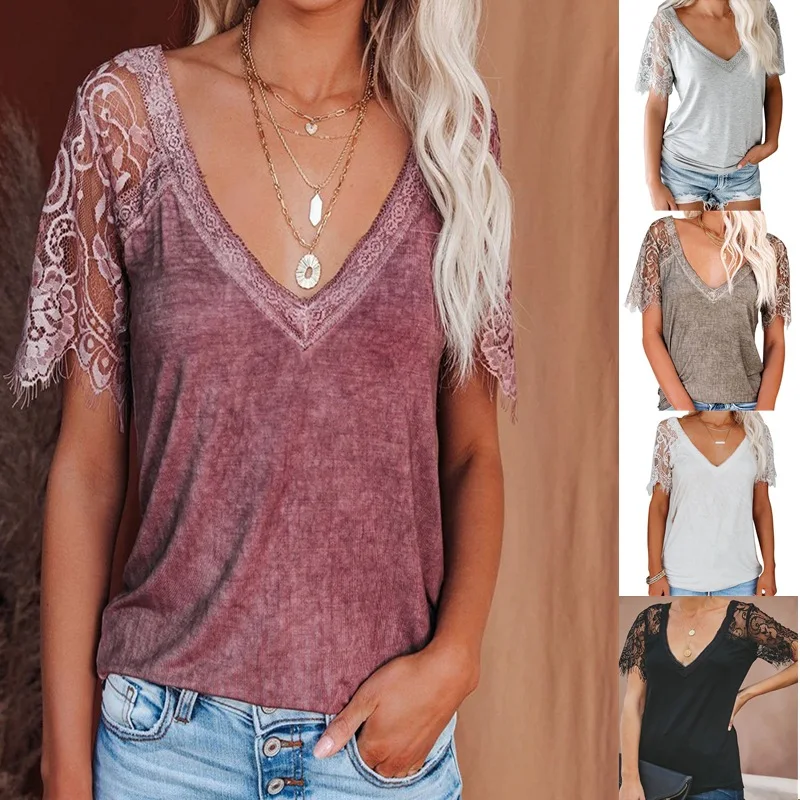 

2021 European and American new style new short-sleeved V-neck feather lace lace sleeve children's blouse