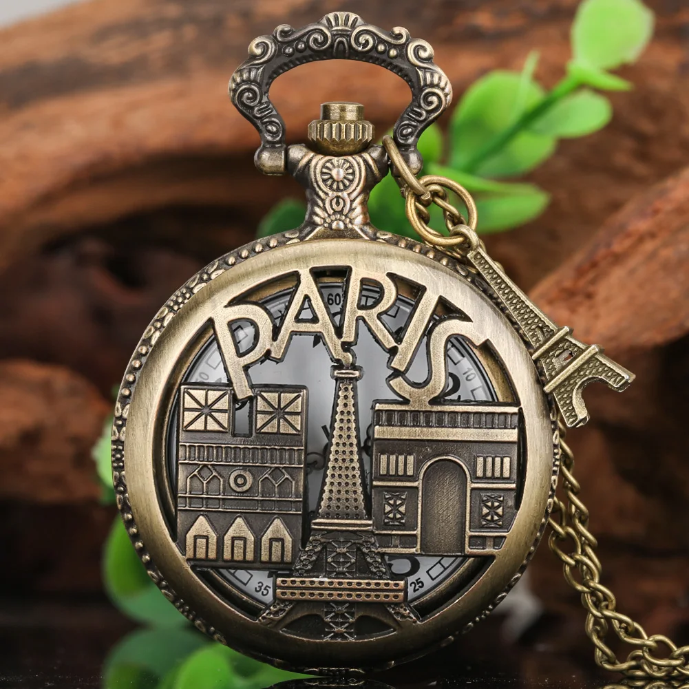 Vintage Paris Famous Scenic Spot Pocket Watch Steampunk Pendant Necklace Watch Accessory Exquisite Collectibles Male Female Gift images - 6