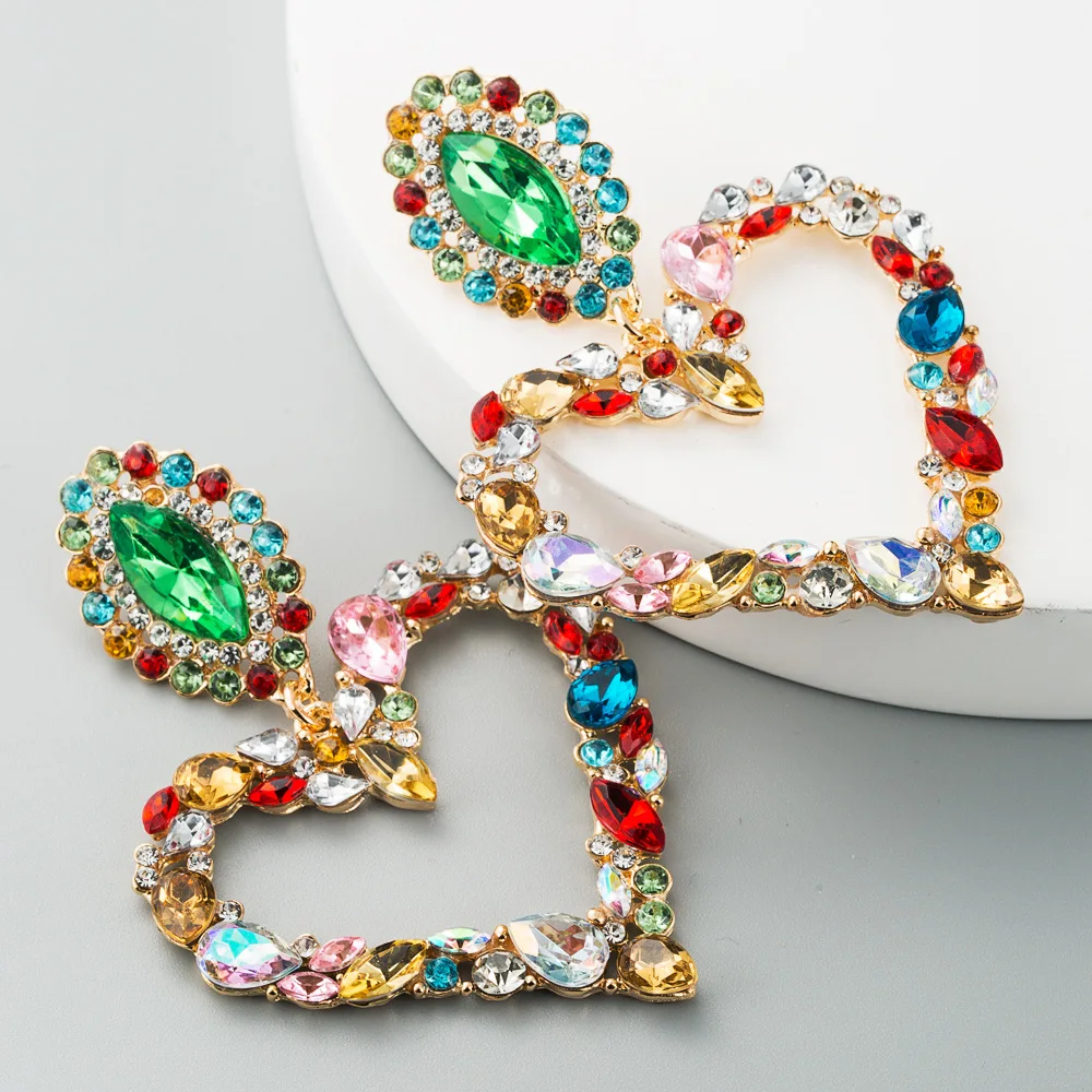 

New In Trend Heart Earrings Alloy Exaggerated Earrings Multicolor Rhinestone Vintage Female Korean Super Shiny Earrings