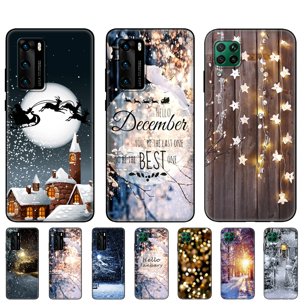 

Черный чехол из ТПУ для Huawei P30 Lite P30 Pro P40, чехол для Huawei P40 LITE E P Smart 2020, чехол с пейзажем, зимним светом, снегом