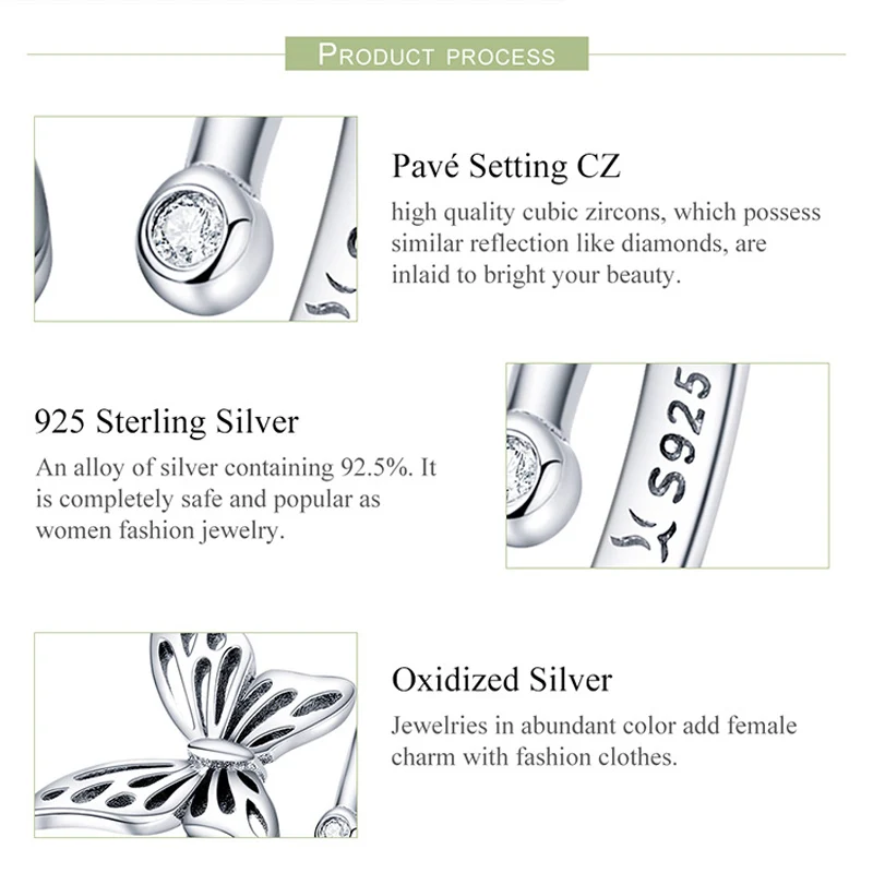 Женское кольцо с бабочкой BAMOER винтажное регулируемое обручальное из серебра 925