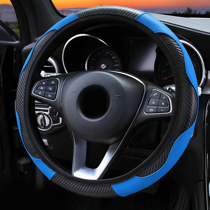 

Car Steering Wheel Cover Two-colors Carbon Fiber Leather Steering Wheel Case Interior Accessories For 37-38CM Diameter Wheel