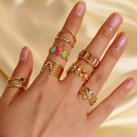 vintage colorful flower drop oil gold rings for women girls boho stainless steel geometric open ring party birthday jewelry gift
