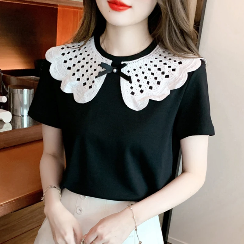 

Casual Elegant Doll Collar Bow Blouse Women 2023 Summer Sweet Cotton T-shirt Ladies Short Sleeve Tops Hollow Black Shirt 27412