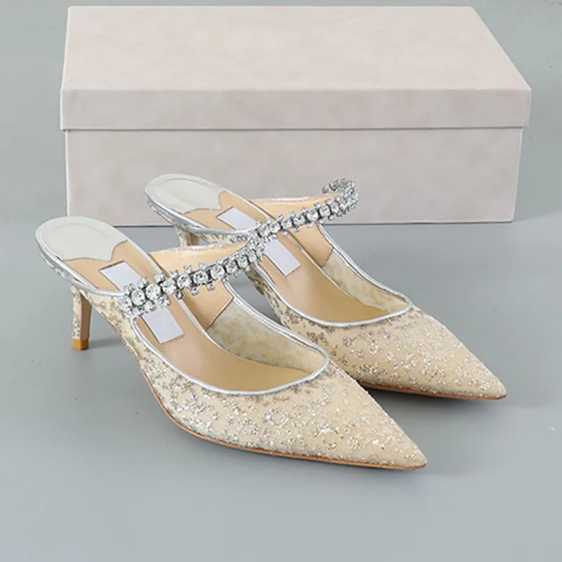 

Women's Fashion Pointed Toe Rhinestone Hollow Transparent Stiletto Sandals Summer New Outer Wear Ladies Slippers