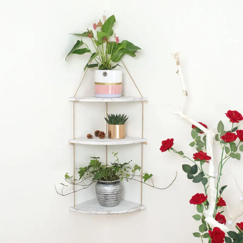 Настенная угловая полка с веревкой из джута