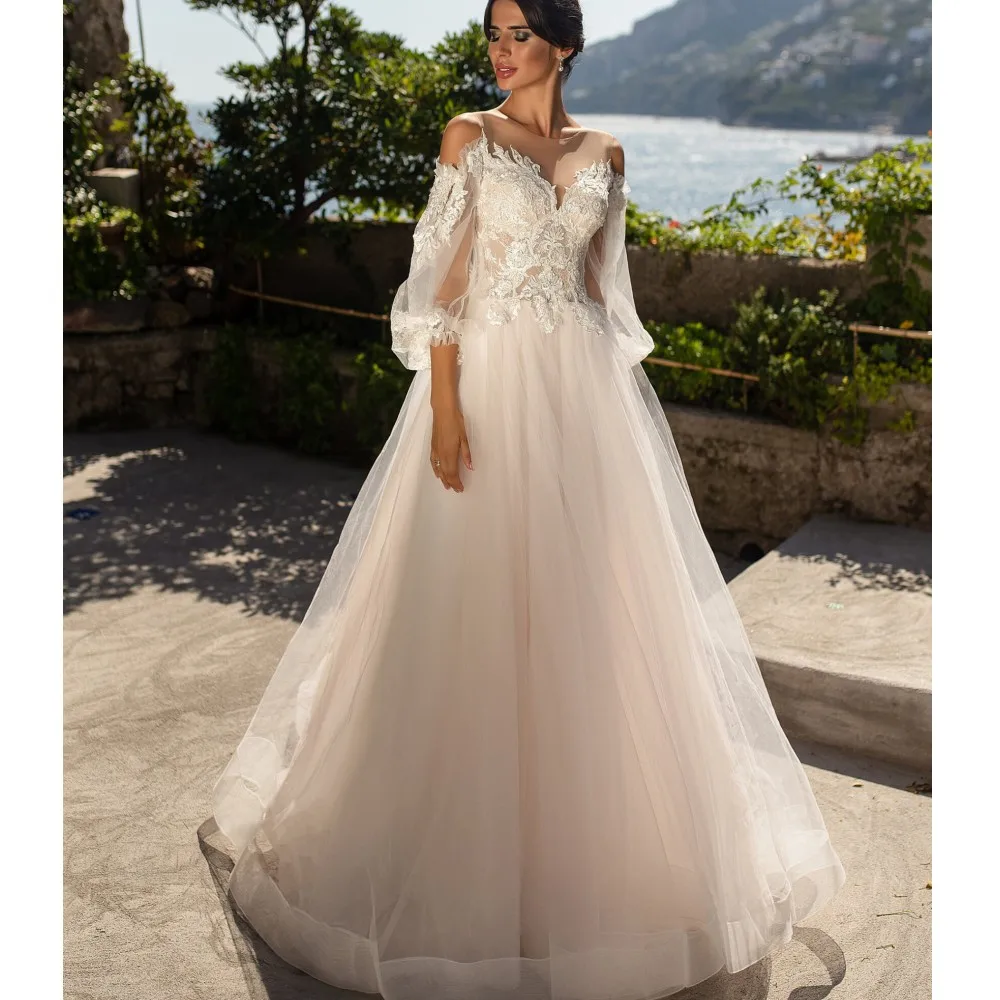 

Vestido de Noiva A-Line Tulle Illusion Appliques Boho Chic Wedding Dress for Women Sweep Train Bohemian Brides Dress