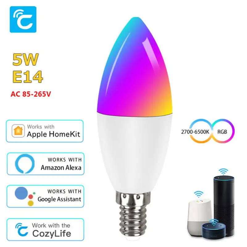 

Светодиодная лампочка E14 в виде свечи, лампочка с Wi-Fi, 5 Вт, умная лампочка с регулируемой яркостью E14, внутренняя неоновая лампочка с CW и RGB, работает с ассистентом Alexa и Google Home