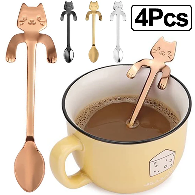 

4PCS Stainless Steel Spoon Cute Cat Mini Coffee Spoons Kitchen Coffeeware Spoon for Tea Ice Cream Dessert Snack Coffee Milkshake