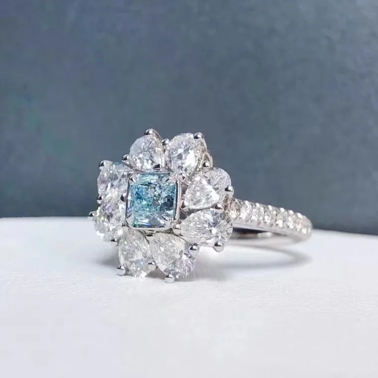 

European and American Luxury Sea Blue Crystal Adjustable Wedding Opening Ring Suitable for Wedding Floral Ladies Fashion Jewelry