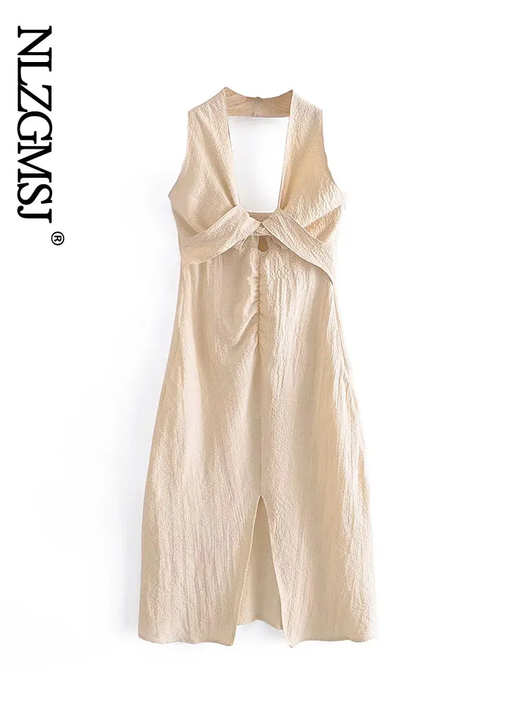 

Nlzgmsj Dress Women 2022 Korean Chic Summer Retro V Neck Hollow Out Backless Design Harajuku Vest Vestidos Female 202204