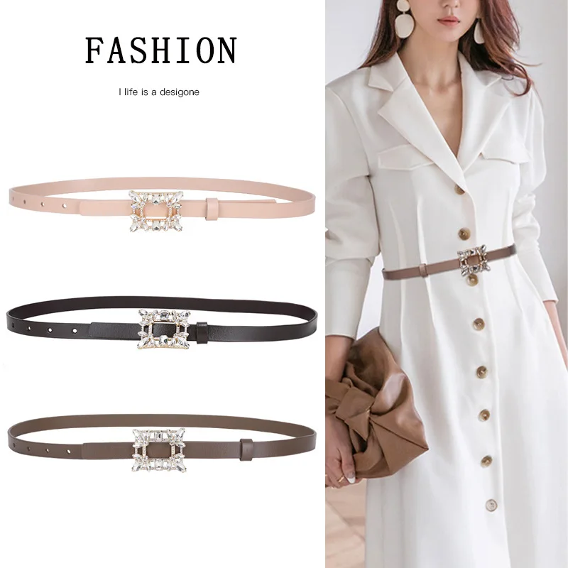 

Fashion Simple Belt For Women Crystal Smooth Buckle High Quality All-Match Waistband New Jeans Dress Ladys Genuine Leather Belts