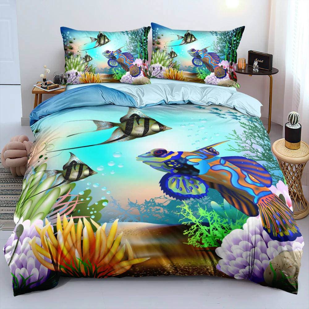 HD Cartoon Sea World Linens Bed Blue Custom Design Quilt Cover Set Full Double King Size 203x230cm Bedding for Children Gift | Дом и сад