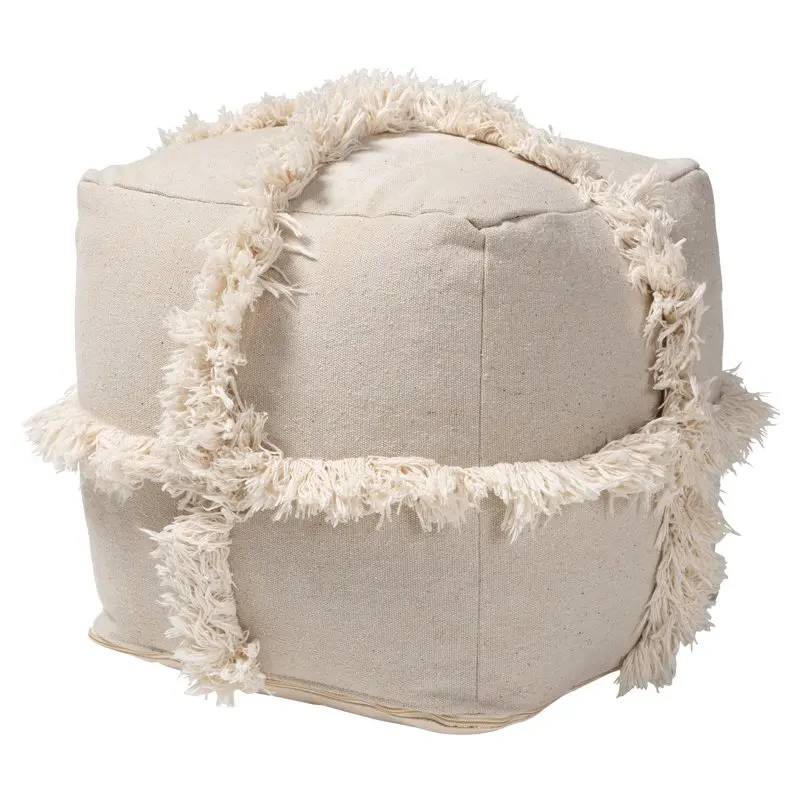 

Alfro Moroccan Inspired Beige Handwoven Cotton Fringe Pouf Ottoman