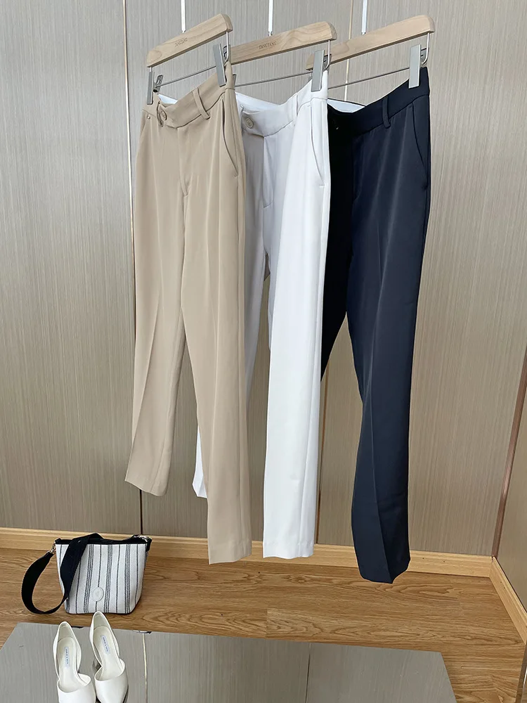 2022 New Women Decor Pockets Acetate Trousers Ladies Casual Simple Office Wear Tapered Pants With Beaded