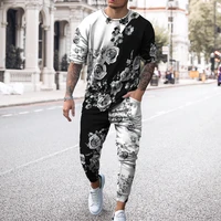 3d print mens trousers sports suits summer short sleeve t shirt tracksuit 2 pieces sets casual male clothing long pants outfits
