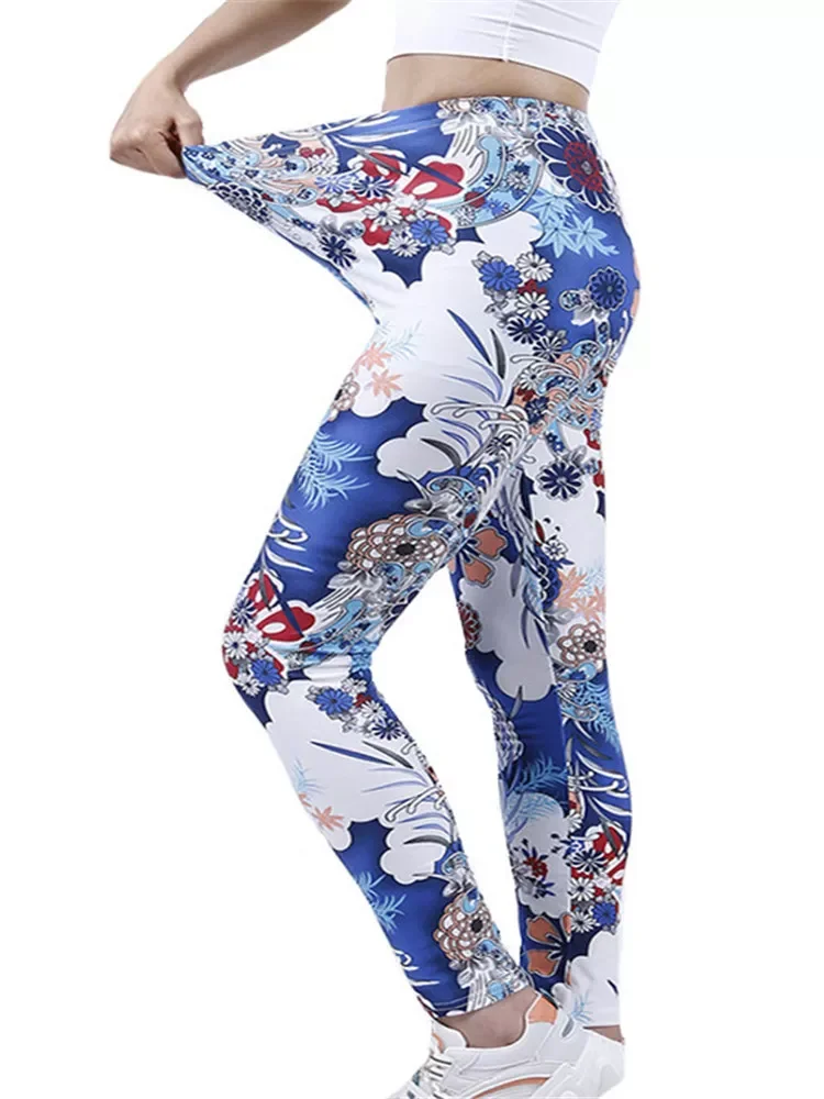 Sports Leggings Women Sexy Gym Fitness Pants Push Up Running High Waist Blue Graffiti Print Elastic New Knitted Bottom