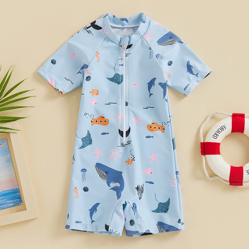 Toddler Baby Summer Bikini Jumpsuit Marine Life Print Short Sleeve Round Neck Front Zipper Shorts Swimsuit