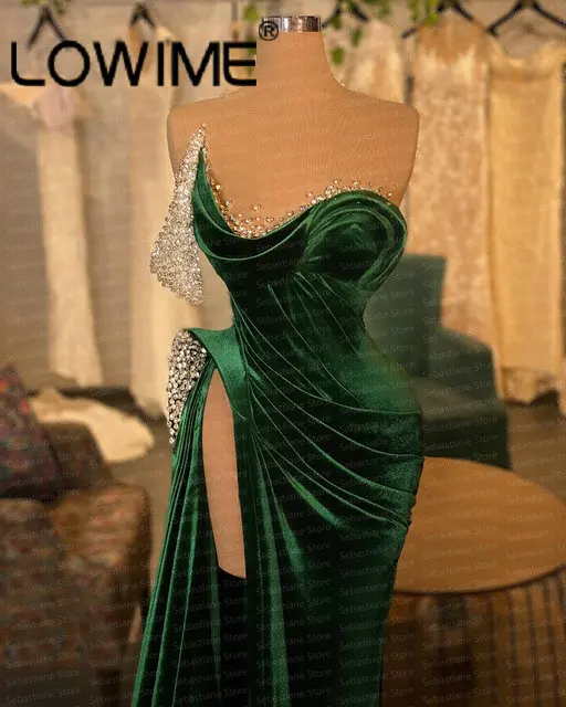 

Зеленое пикантное длинное вечернее платье с высоким разрезом без бретелек 2023 без рукавов с кристаллами бархатные платья-русалки для официа...