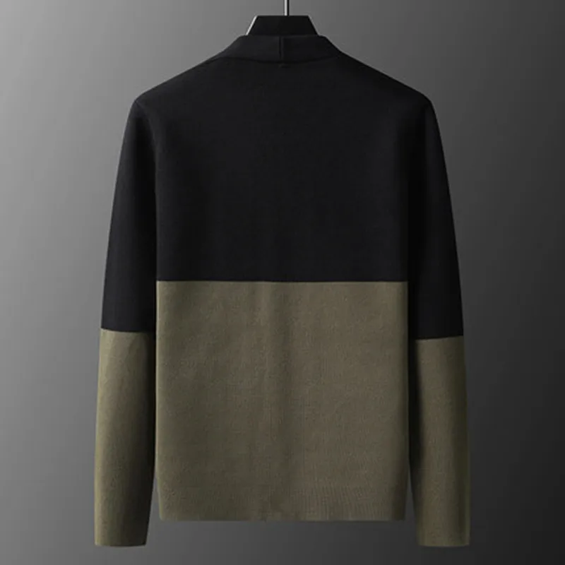 Men's Spring and Autumn Sweater Knitted Stitching Casual Cardigan Coat Long-sleeved V-neck Elastic No Placket New Men's Clothing