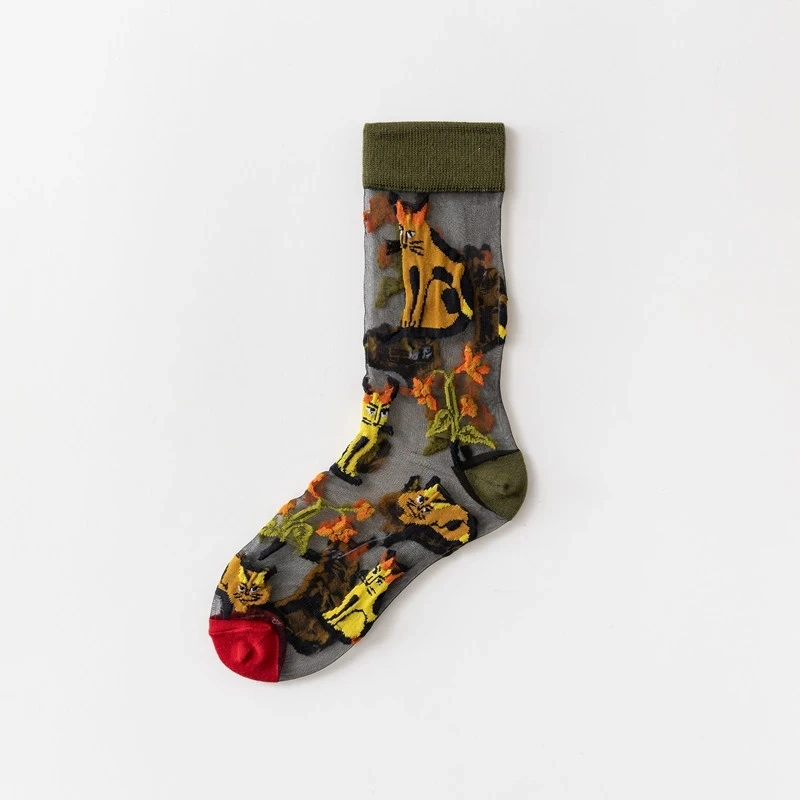 Summer New Fashion High Quality Creative Transparent Tide Socks Sunflowers Vines Flowers Animal Fruit Glass Silk Women Socks