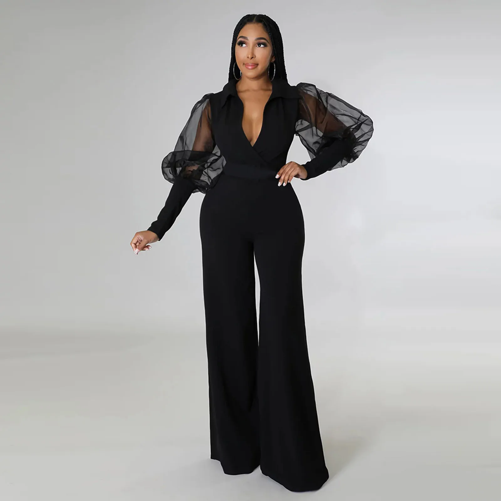 

Solid Color Womens Jumpsuits See Through Mesh Long Sleeve V Neck Casual Vintage Style Long Rompers Wide Leg Pants Jumpsuits 4