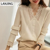 2022 spring and autumn new korean fashion large size v neck lace knitted shirt trend womens knit pullover autumn