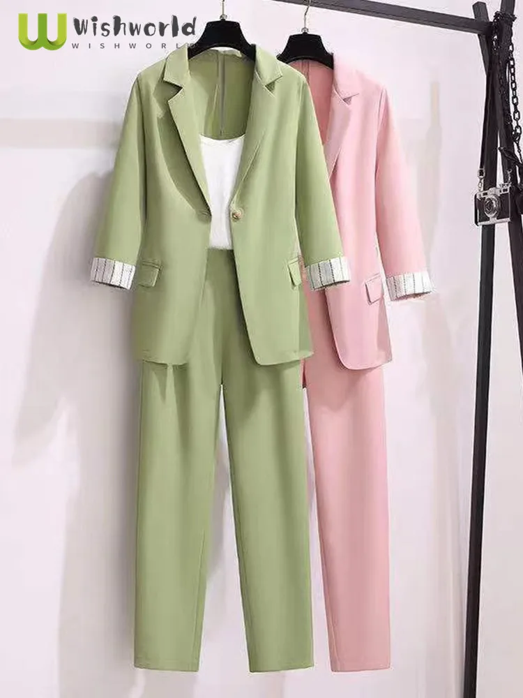 2022 spring new Korean elegant women's suit female blazer leisure pants Tweed suit jacket three piece jacket pants set