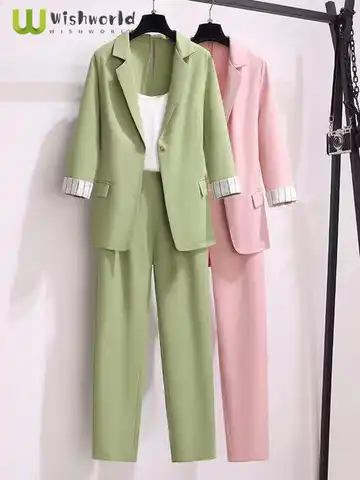 Женский костюм-тройка из твида, элегантный пиджак и брюки в Корейском стиле для отдыха, весна 2022