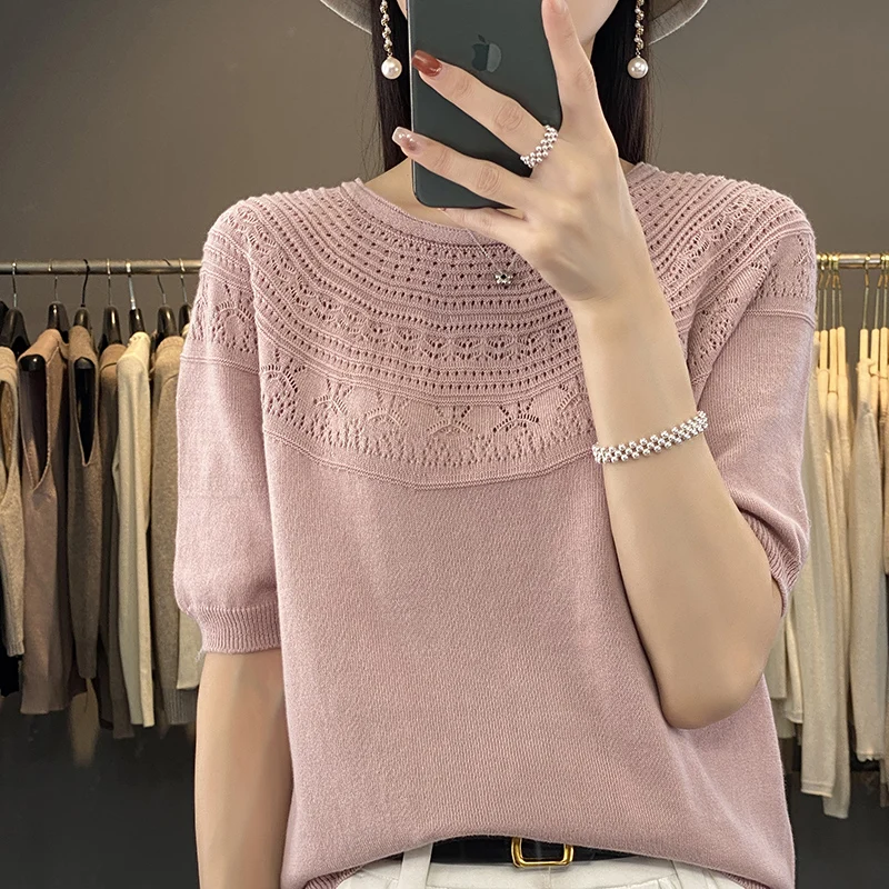 

S-XXL 100% Cotton Women's T-Shirt Summer Solid Knitted Short Sleeve Loose Thin Women's Sweater O-Neck Pullover Special Sale