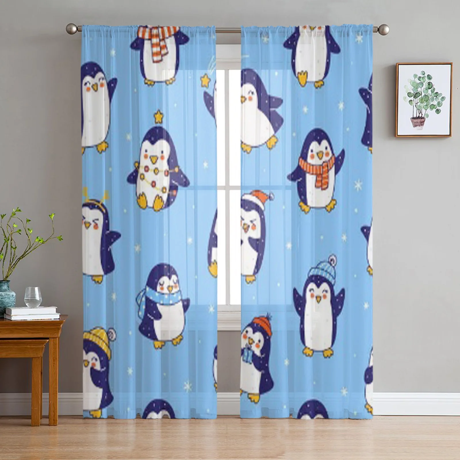 

Занавески с милыми маленькими пингвинами на голубом эркере, занавески, драпировка, прозрачный тюль для гостиной, спальни, Занавески Из Орга...