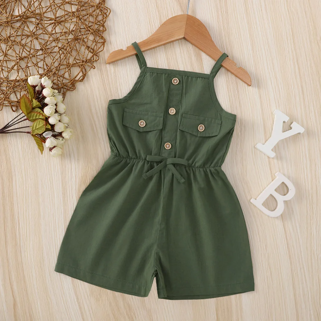 

Summer New Green Suspenders Short Children's Jumpsuit Button Decoration Children's Boutique Clothing Active Leisure Bodysuit