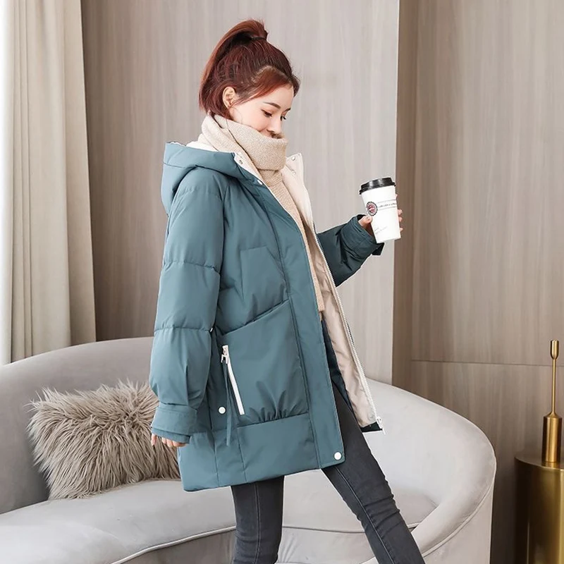 Solid Cotton Padded Warm Windproof Jacket Korean Loose Hooded Snow Wear Thicken Parkas Elegant Long Sleeve Pockets Coat Women