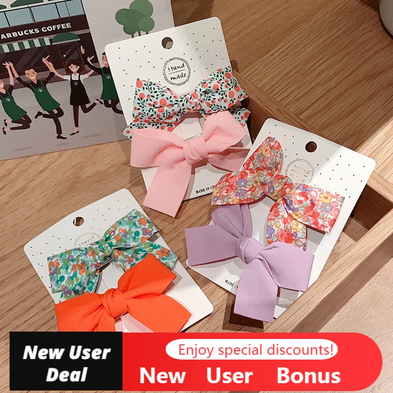 

2pcs New Girls Printed Bows Cute Hair Clip Set Fabric Fashion Solid Color Children's Sweet Headwear Hair Accessories