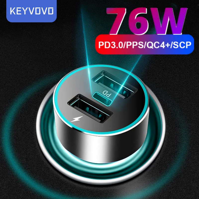 

76W PPS PD QC Metal Car Charger Fast Charging For iPhone 13 12 Pro Huawei Xiaomi Samsung Tablets Oneplus Phone QC 4.0 3.0 USB C
