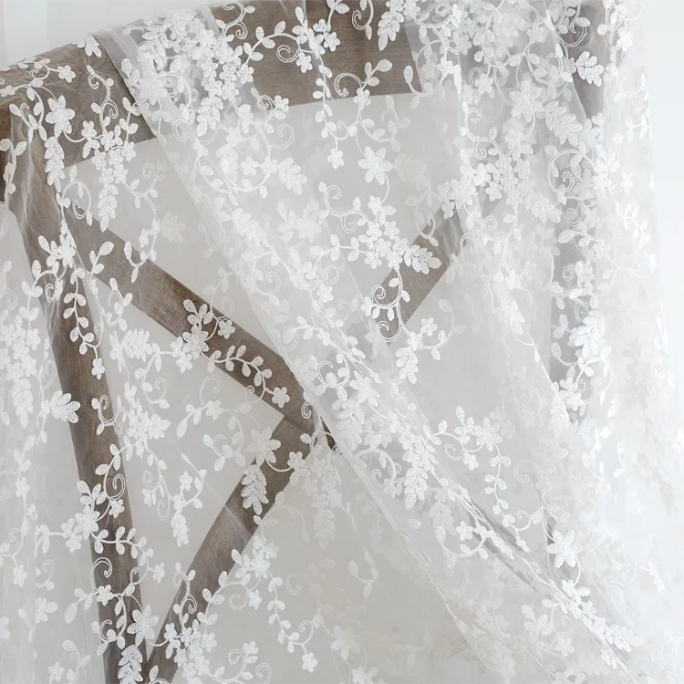 

1meter White organza embroidery fabric lace mesh wedding dress fabric background cloth curtain tablecloth handmade diy